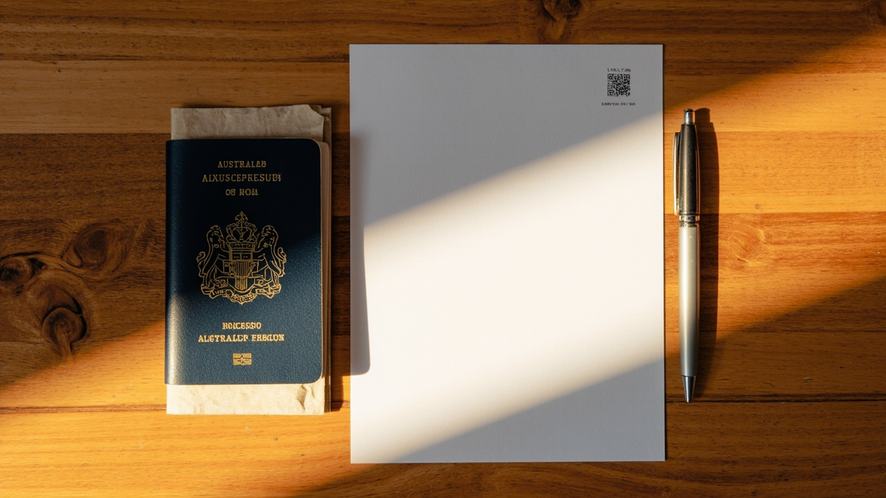 Overhead flat-lay of an Australian passport with a soft-focus printed eVisa-style PDF showing two unreadable date fields on a warm wooden desk