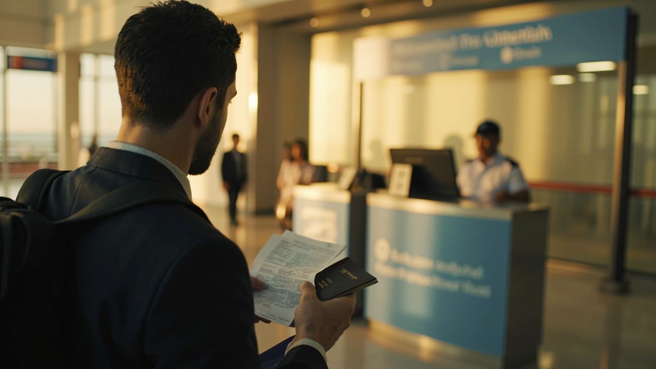 Australian business traveller presenting a printed eVisa PDF to a generic immigration counter in a Cambodian airport