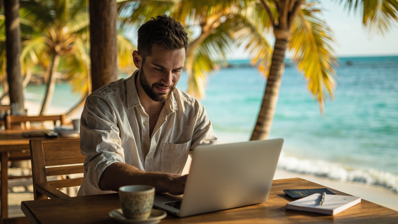 Australian digital nomad working on a laptop at a sunlit Koh Rong beachside cafe with palms in the soft background