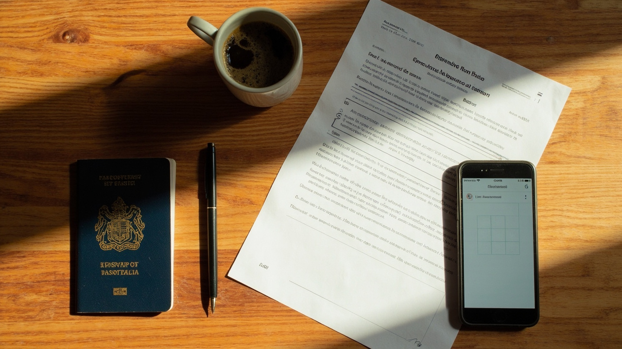 Overhead flat-lay of a closed Australian passport, a printed unbranded extension form, a pen, and a phone showing a generic calendar on a warm wooden desk