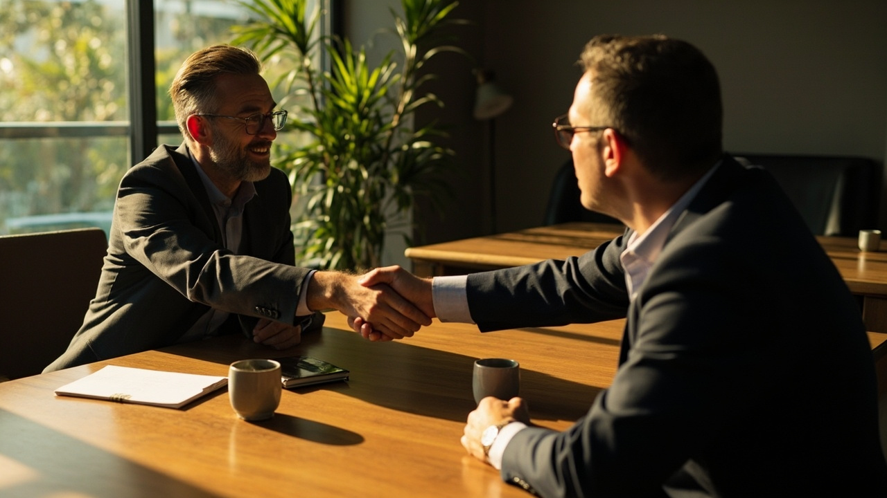 Australian business traveller shaking hands with a business contact across a meeting table in a soft-lit Phnom Penh office