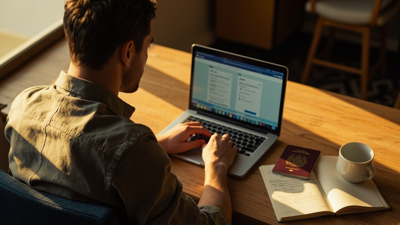 Australian traveller at a sunlit desk comparing Tourist (T) and Business (E) Cambodia visa options on a laptop, with an Australian passport beside the keyboard