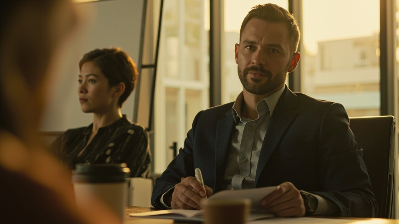 Australian business traveller in smart-casual clothing at a Phnom Penh meeting table with other attendees in soft focus