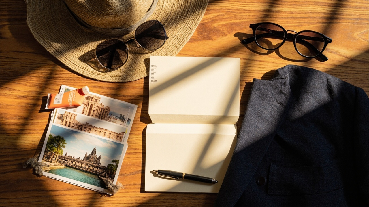 Overhead split-frame flat-lay contrasting leisure items on the left with business items on the right on a single warm wooden desk