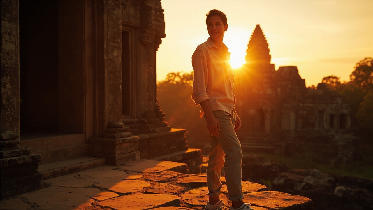 Australian traveller in casual clothing standing near an Angkor temple at warm sunrise with calm relaxed body language
