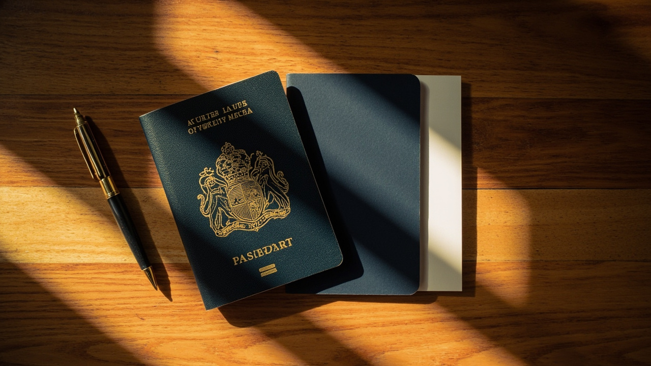Overhead flat-lay of an Australian passport beside a soft-focus secondary unbranded passport-style document on a warm wooden desk
