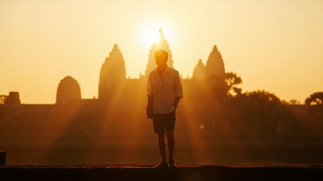 Australian traveller at Angkor Wat at warm sunrise, casual clothing, faces softly out of focus