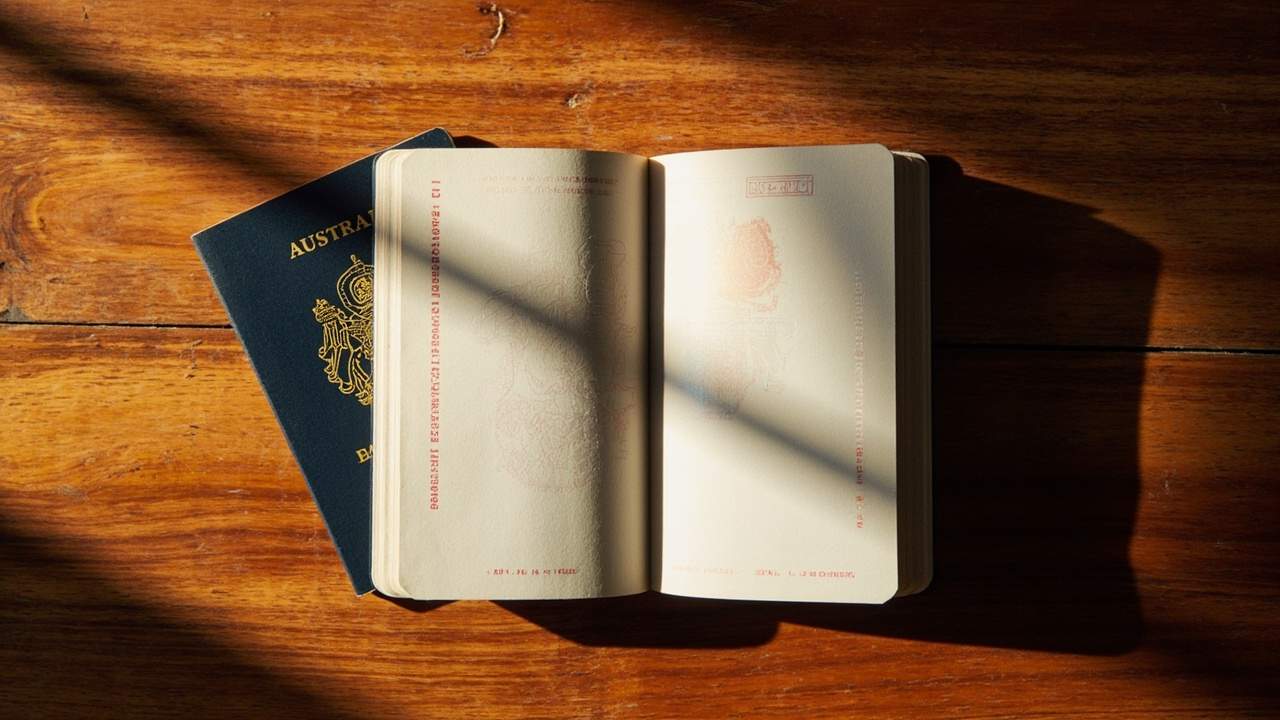 Overhead Australian passport open to a clean page with no legible stamp text, on a warm wooden surface