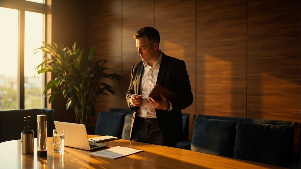 Australian business traveller in smart-casual dress preparing notes in a warm-lit Phnom Penh boardroom at golden hour, no brand marks visible
