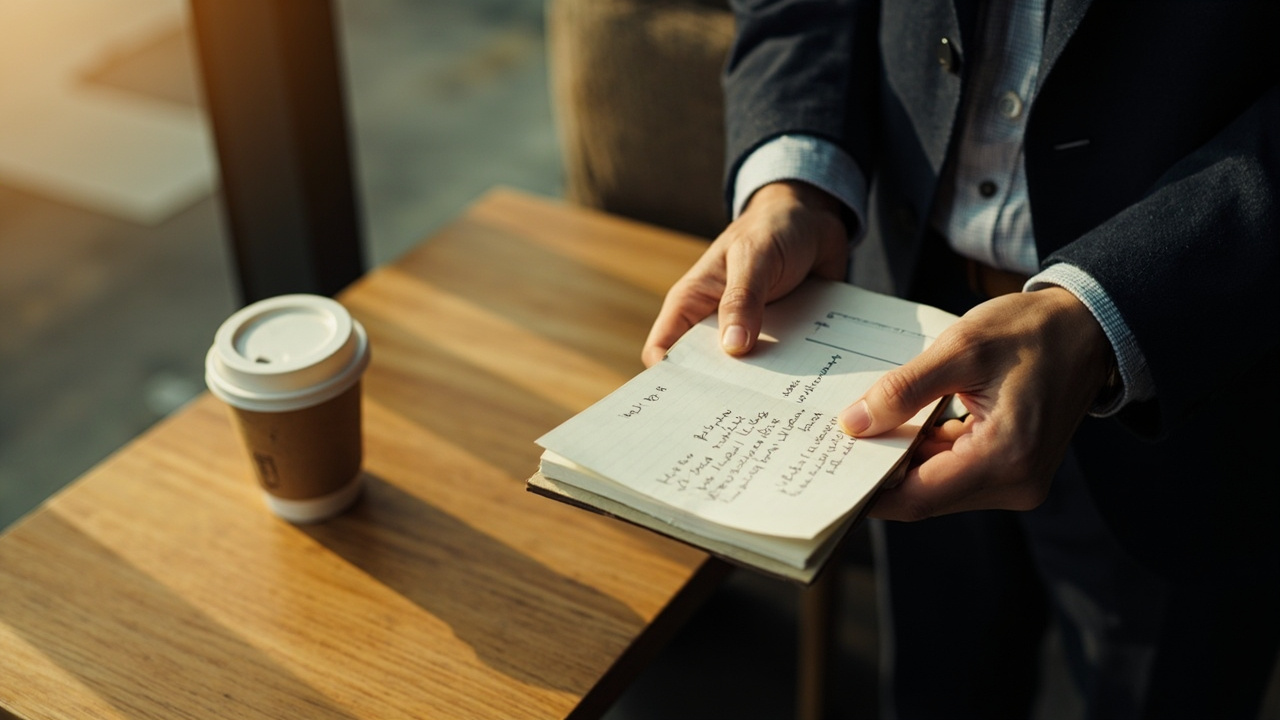 Editorial close-up of an Australian conference delegate's hands holding a blank lanyard and a small notebook in warm light, no logos