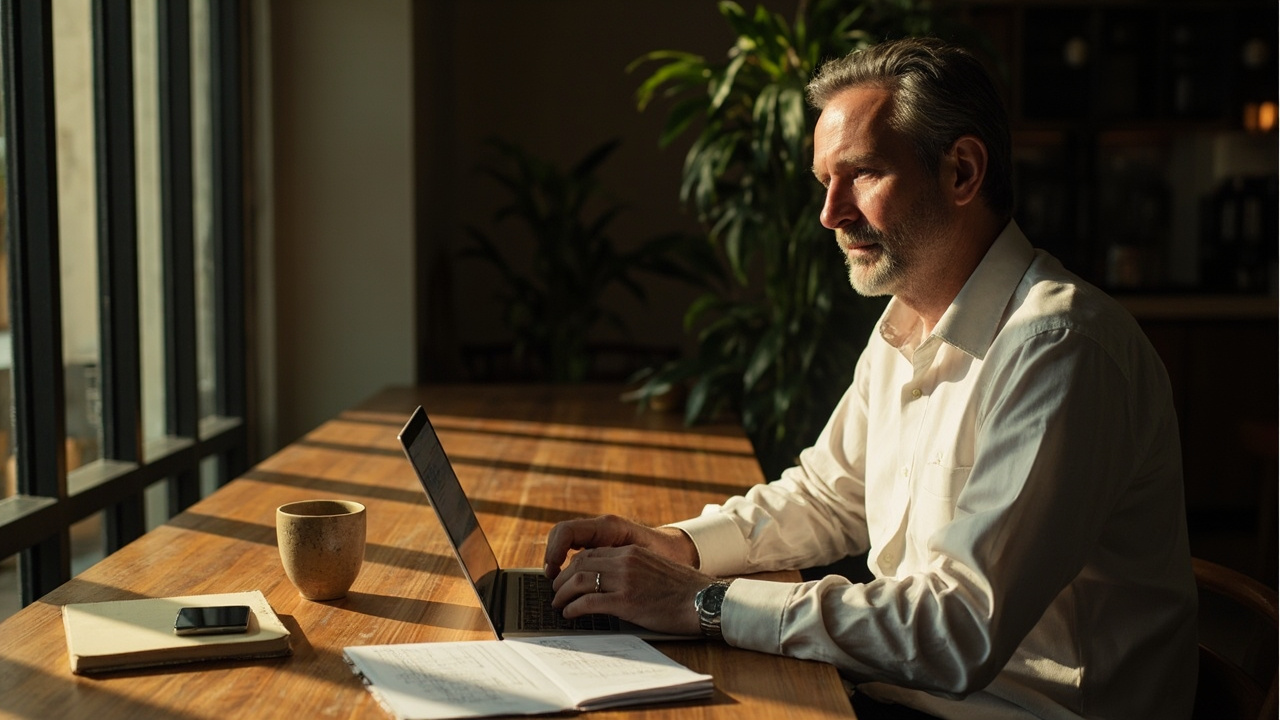 Australian consultant at a warm-lit Phnom Penh co-working desk with laptop, notebook, and coffee in golden afternoon light, no brand marks