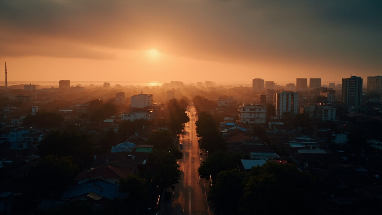 Wide editorial view of the Phnom Penh skyline at warm dusk with low-rise buildings and tree-lined streets, no recognisable signage