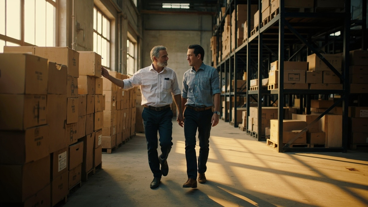 Wide editorial shot of an Australian procurement lead walking a tidy factory aisle alongside a Cambodian supplier in warm light, no brand marks
