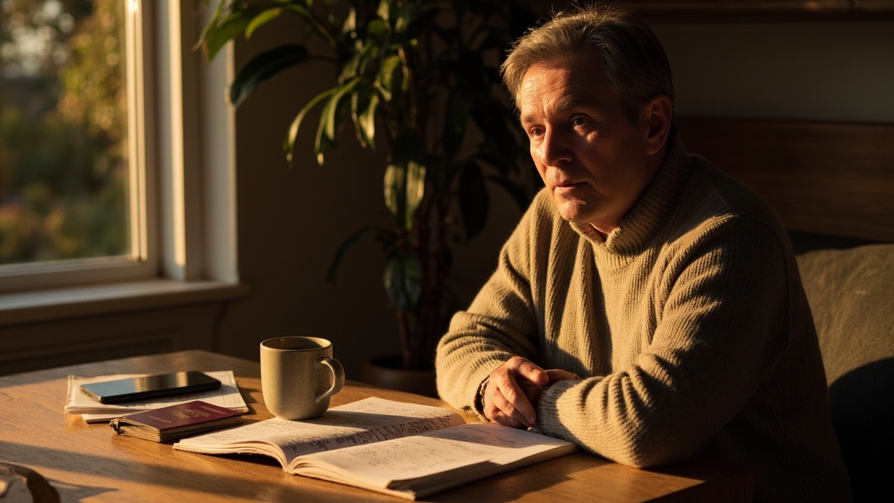 Australian traveller at a warm-lit home desk thinking through paperwork with a passport and notebook, calm reflective atmosphere, no brand marks visible