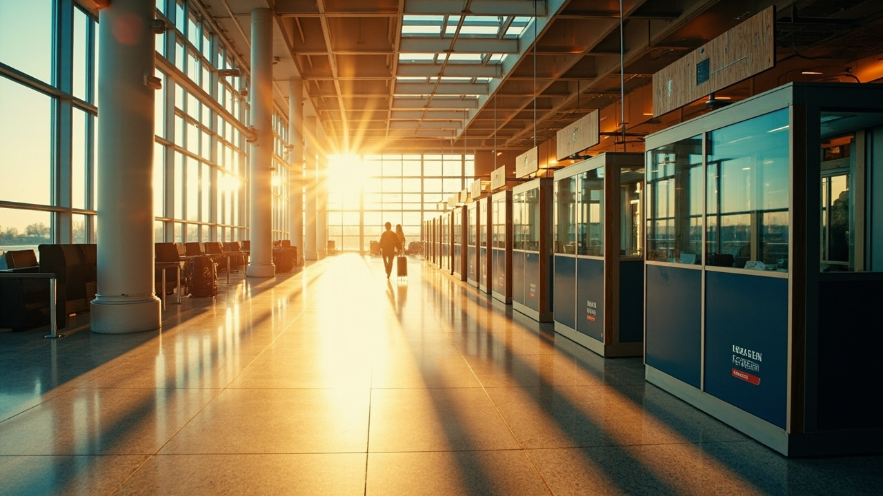 Wide editorial shot of a clean modern airport immigration arrival hall at warm light with no people in frame, soft architectural perspective, no brand marks