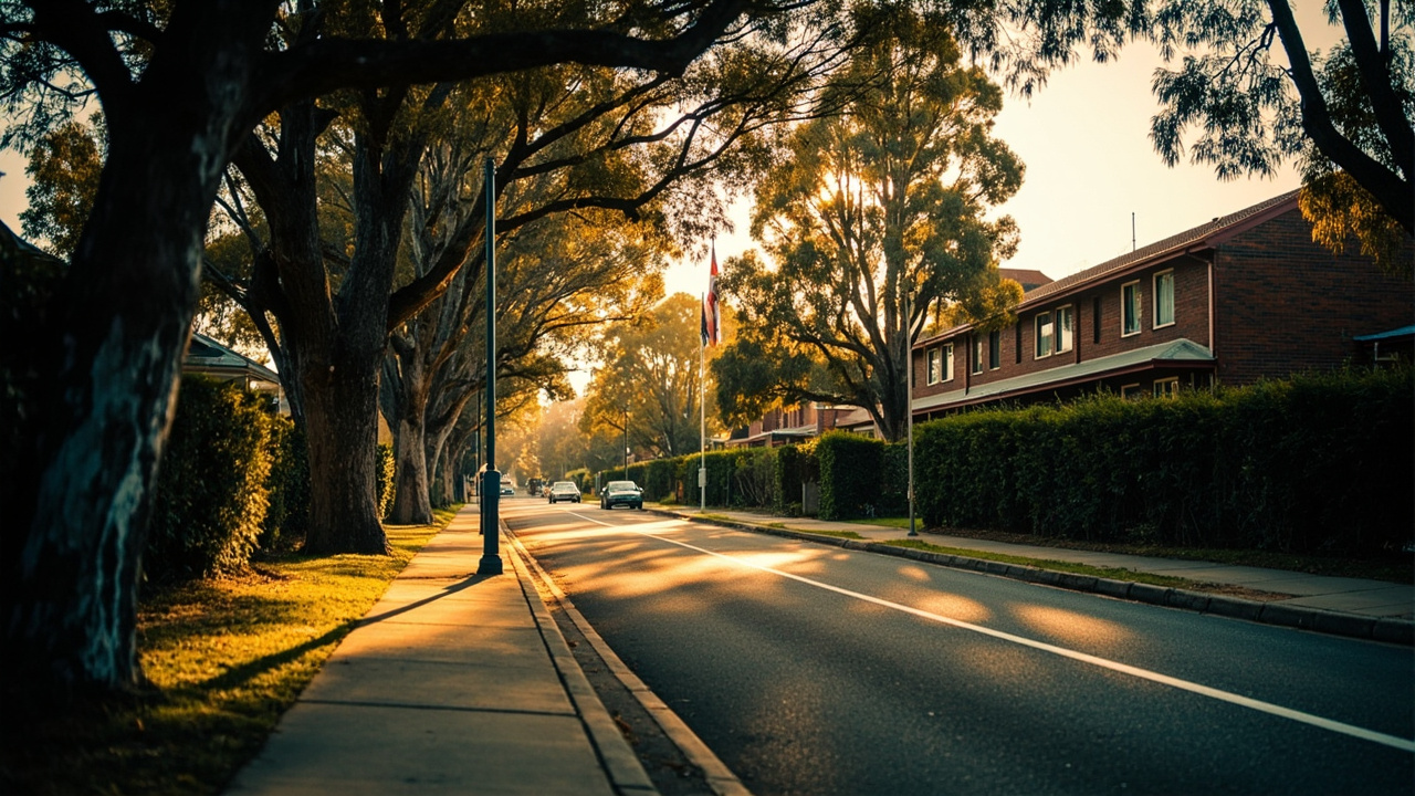 Wide editorial view of a quiet Canberra diplomatic-quarter tree-lined street in warm light with low-rise mid-century buildings, no brand marks or flags