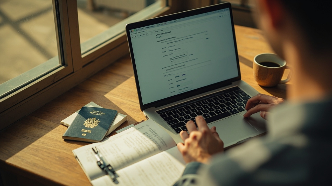 Editorial close-up of a laptop on a warm timber desk with a generic web form on screen, passport and notebook beside it, no logos