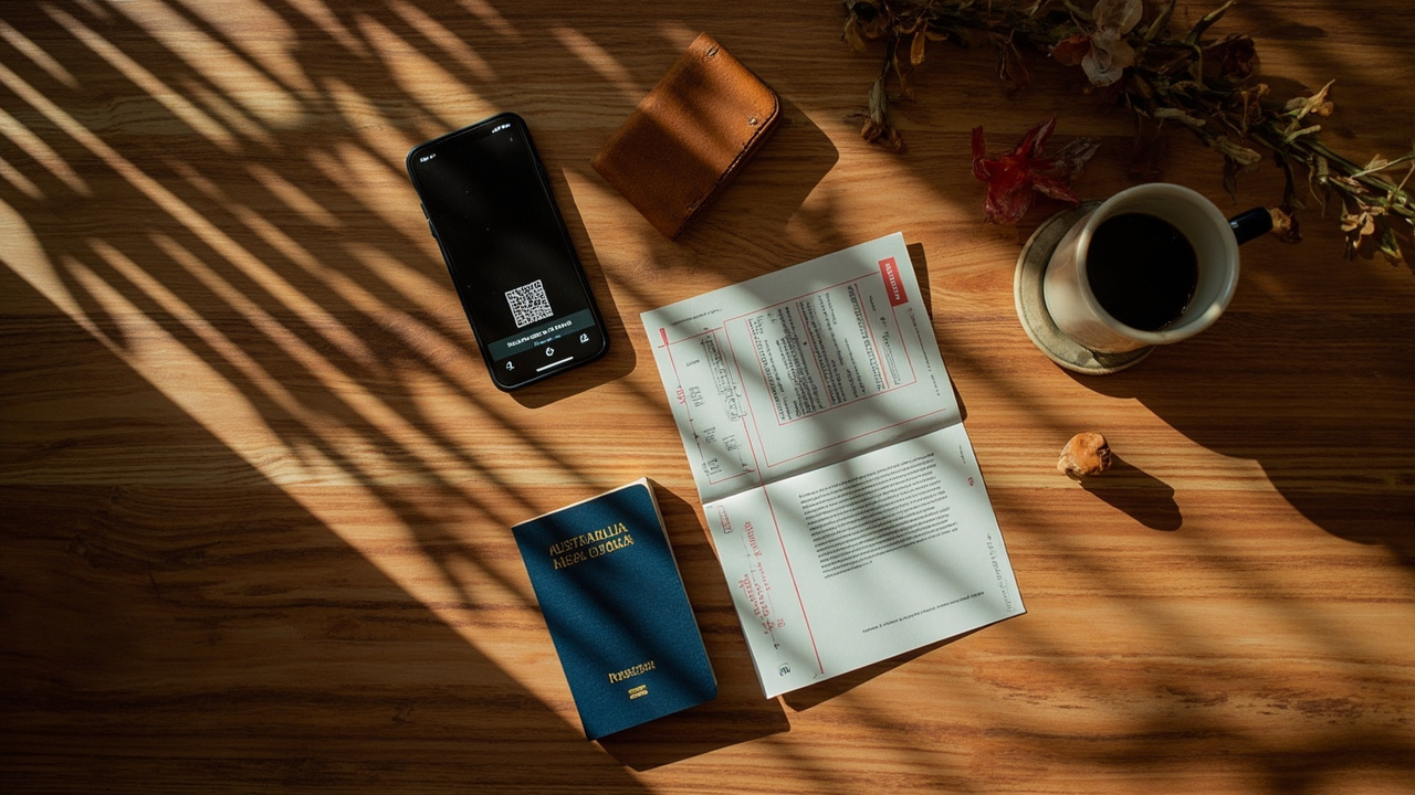 Editorial flat-lay of an Australian passport, a phone showing a QR code, and a printed eVisa page on warm timber, no logos or legible text