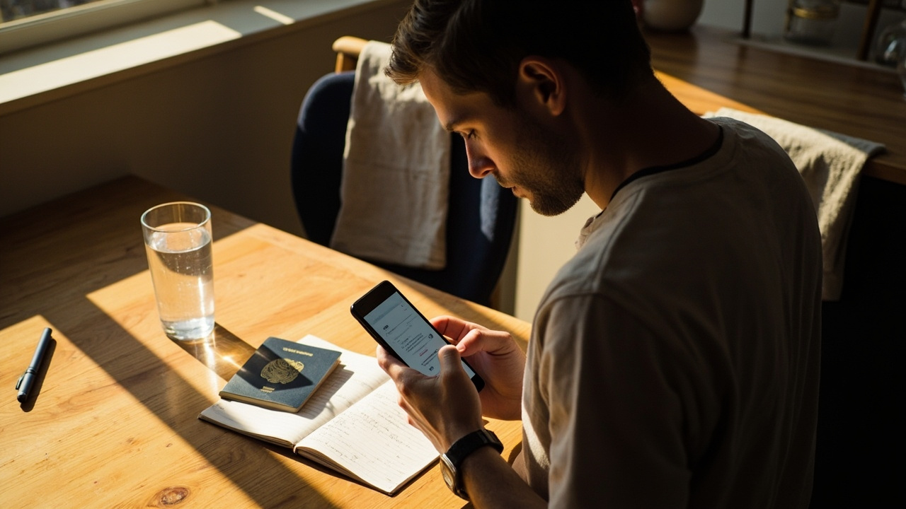 Australian traveller applying for the Cambodia eVisa on an Android smartphone at a Brisbane kitchen bench