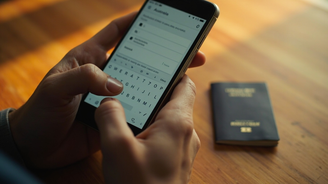 Close-up of two hands typing on an Android smartphone keyboard with a soft-focus form interface above