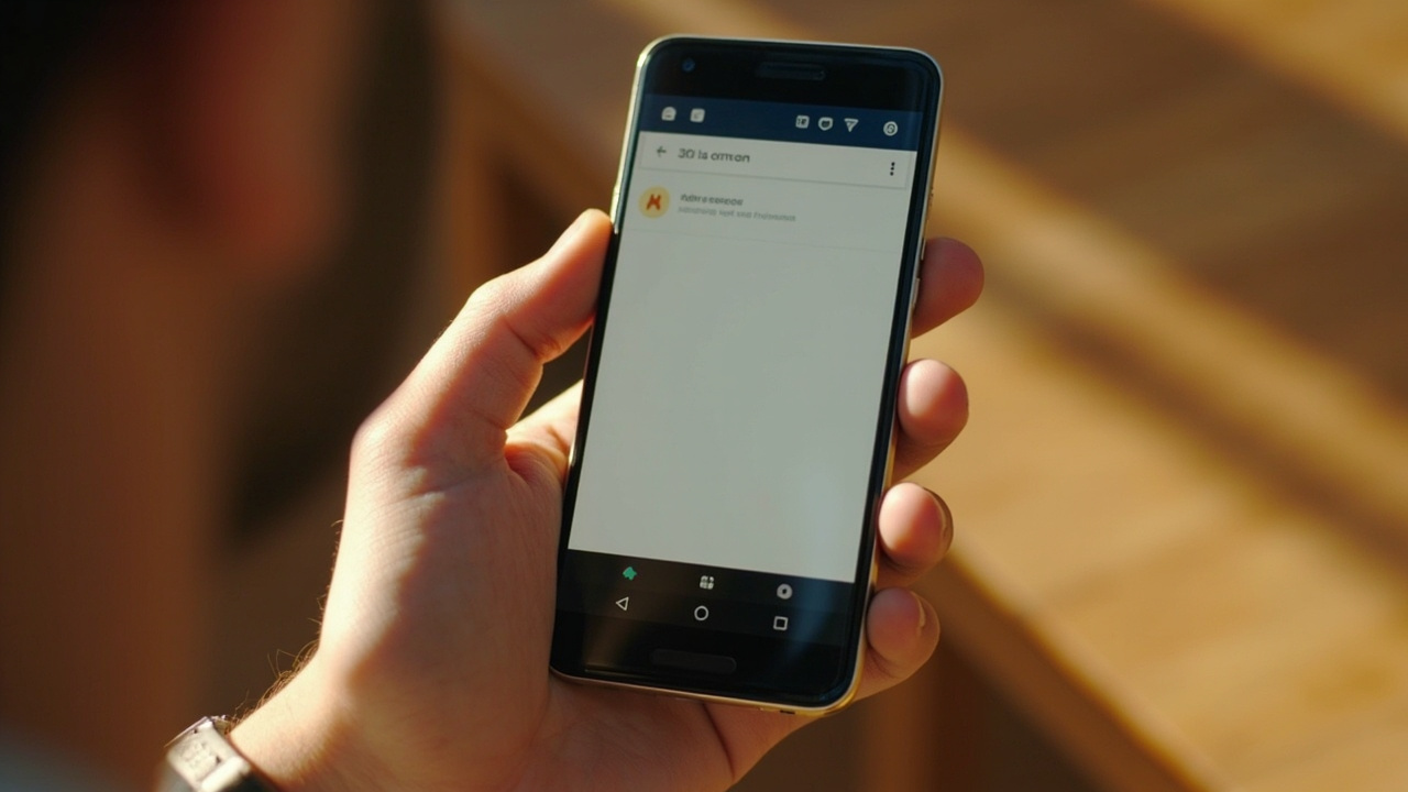 Close-up of an Android-style smartphone on a timber surface with a soft browser interface visible in warm natural light