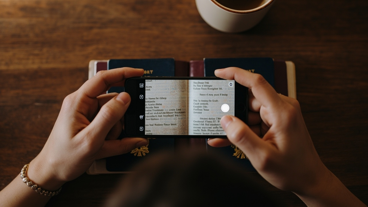 Overhead view of an Australian passport open to the bio page being photographed by an Android smartphone in soft daylight