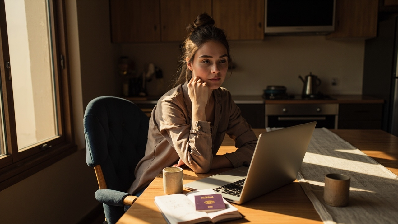Australian traveller filling out the Cambodia eVisa application in English at a Melbourne kitchen table in warm afternoon light