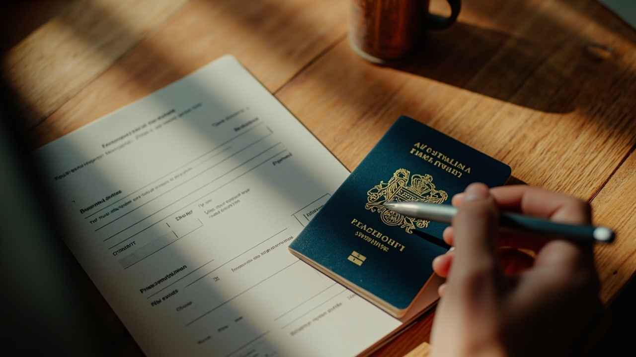 Close-up of an Australian passport open beside a laptop showing a soft form field interface in warm natural light