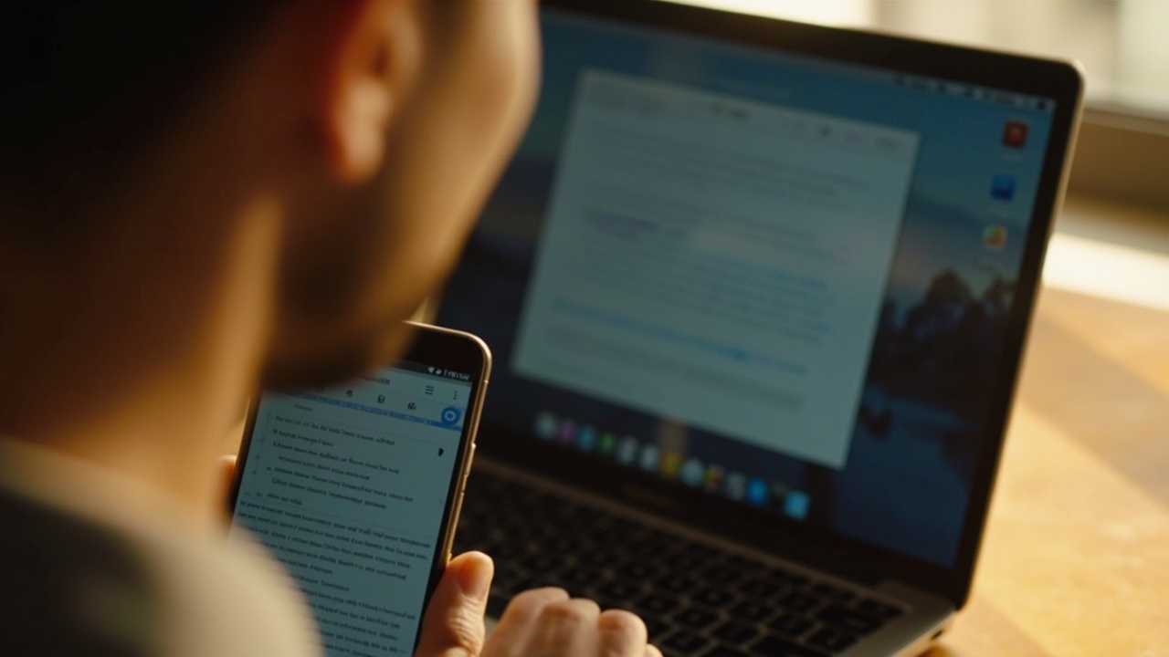 Smartphone held up in front of a laptop screen using a translation camera in warm natural light