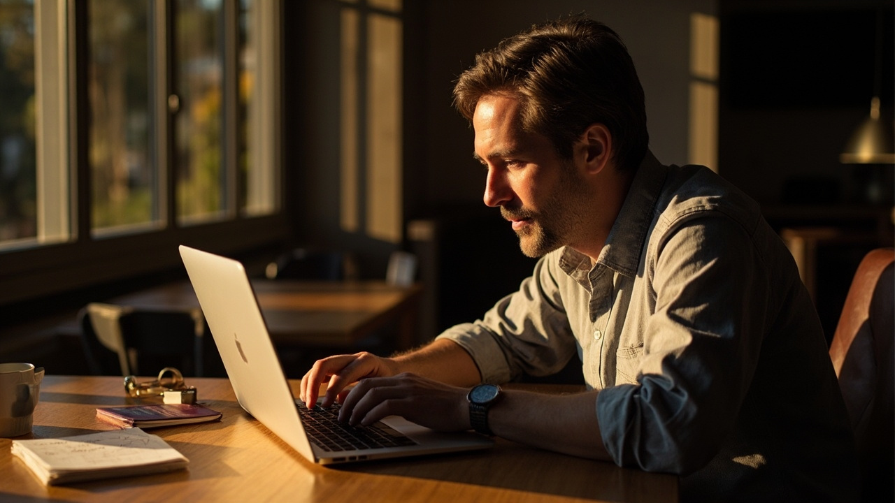 Australian traveller filling in an online visa form at a sunlit timber desk with an open passport beside the keyboard
