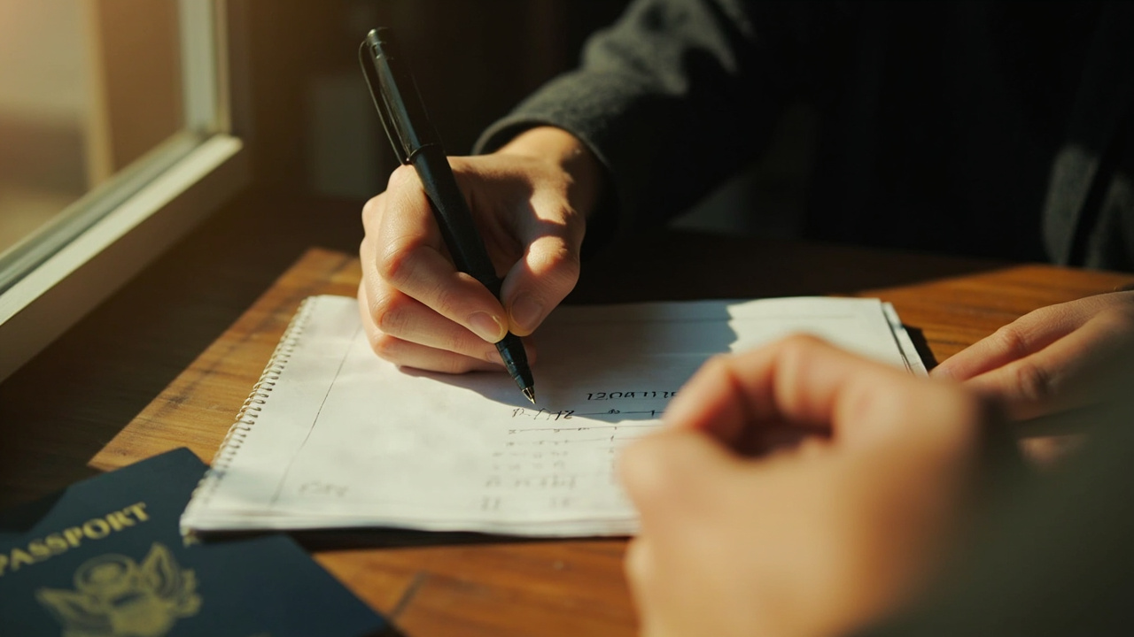 Hands writing the date 13/06/1985 in a paper notebook beside a softly out of focus passport