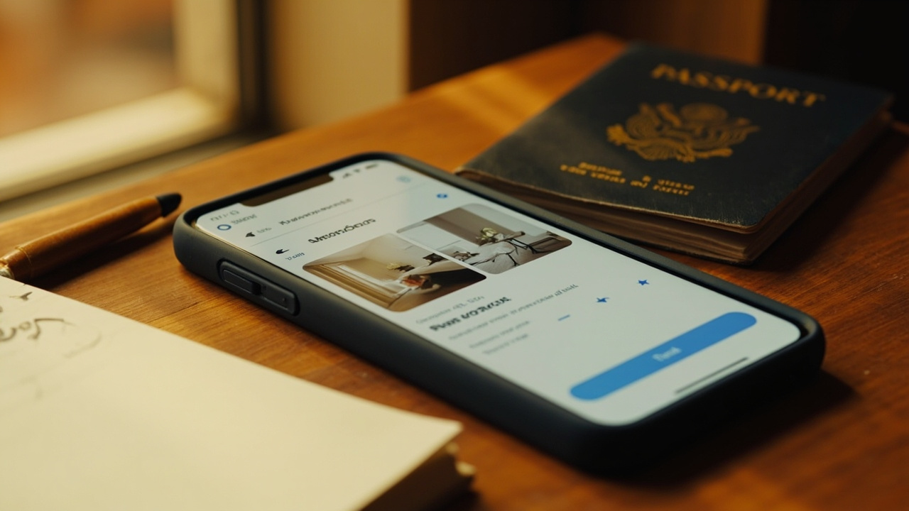Phone screen with a generic hotel reservation interface on a desk with notebook and passport nearby