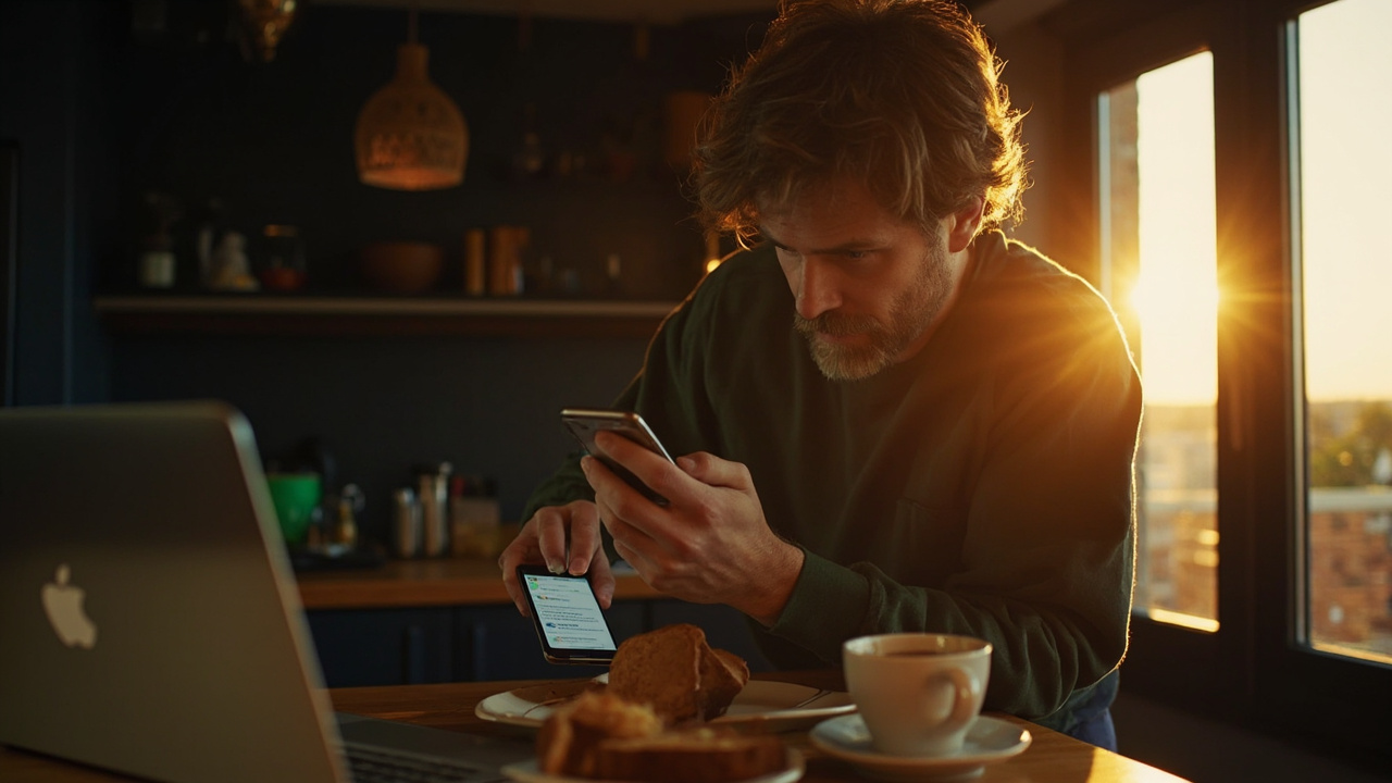 Australian traveller picking up a phone on a kitchen bench to resume a part-finished visa application in warm afternoon light