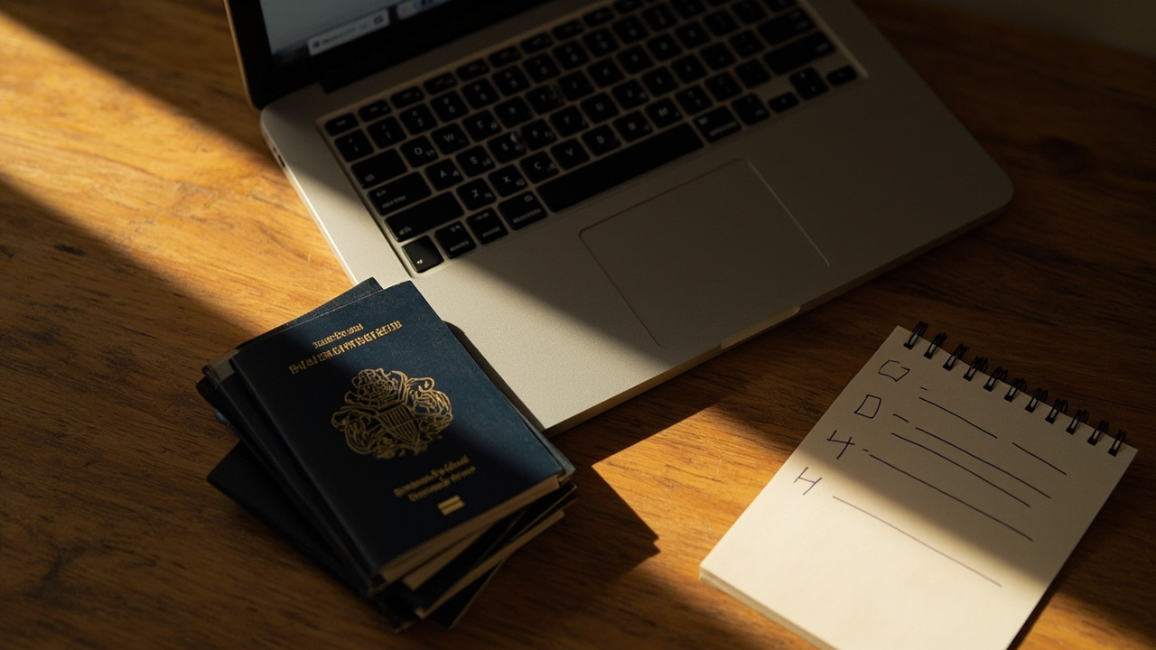 A small stack of passports beside a laptop and a notepad on a warm wooden dining table