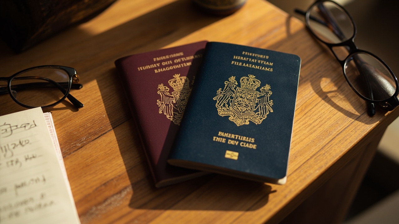 Two Australian passports lying side by side on a warm wooden desk in afternoon light