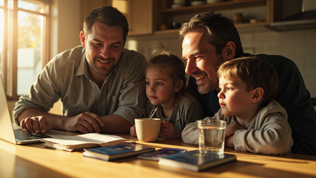 Australian family of four with passports spread on a sunlit kitchen table, planning a Cambodia trip together