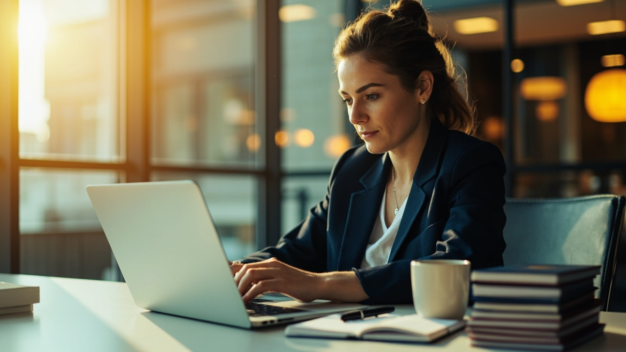 Corporate travel coordinator at a desk with a laptop and a small stack of passports, working through a tracking spreadsheet