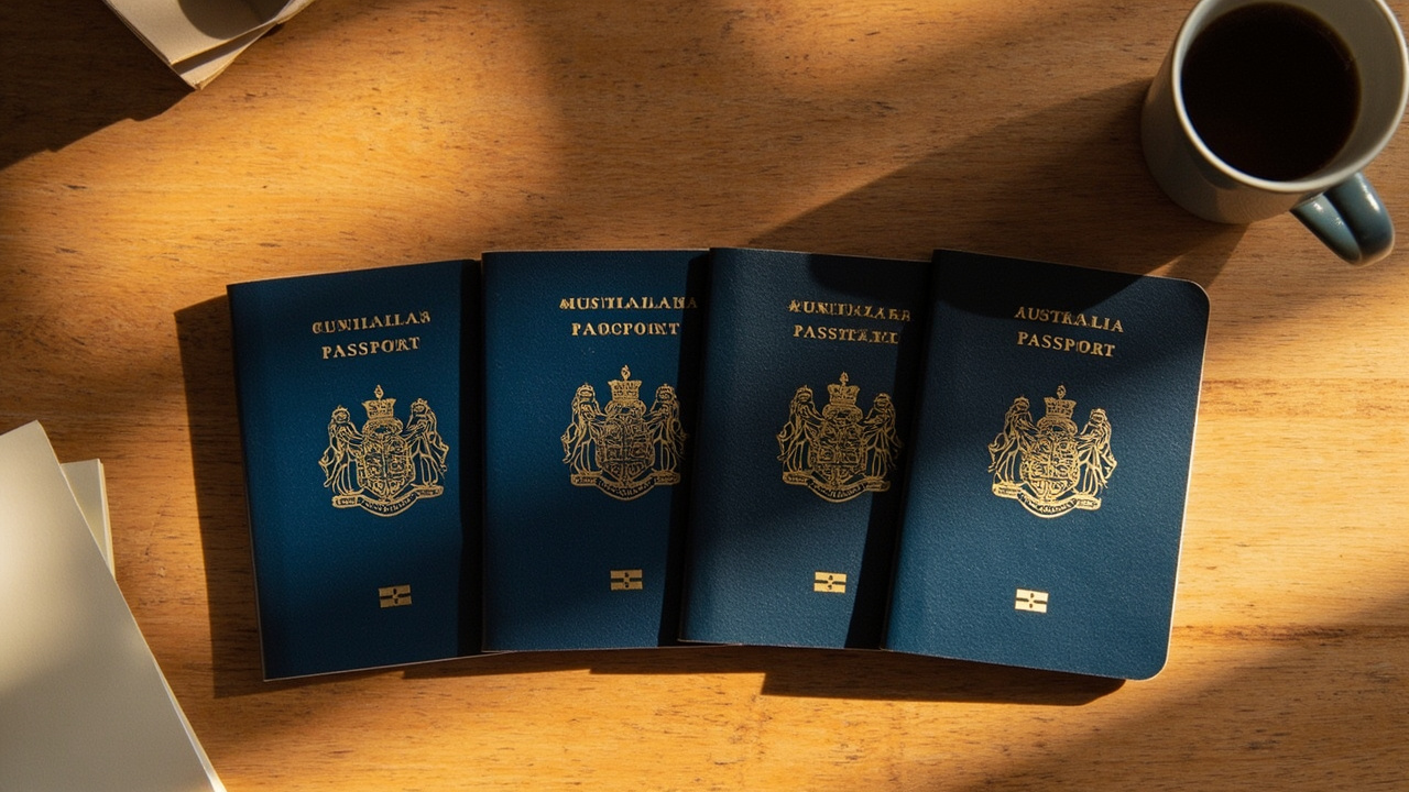Flat-lay of four closed Australian passports arranged in a row on a warm timber surface