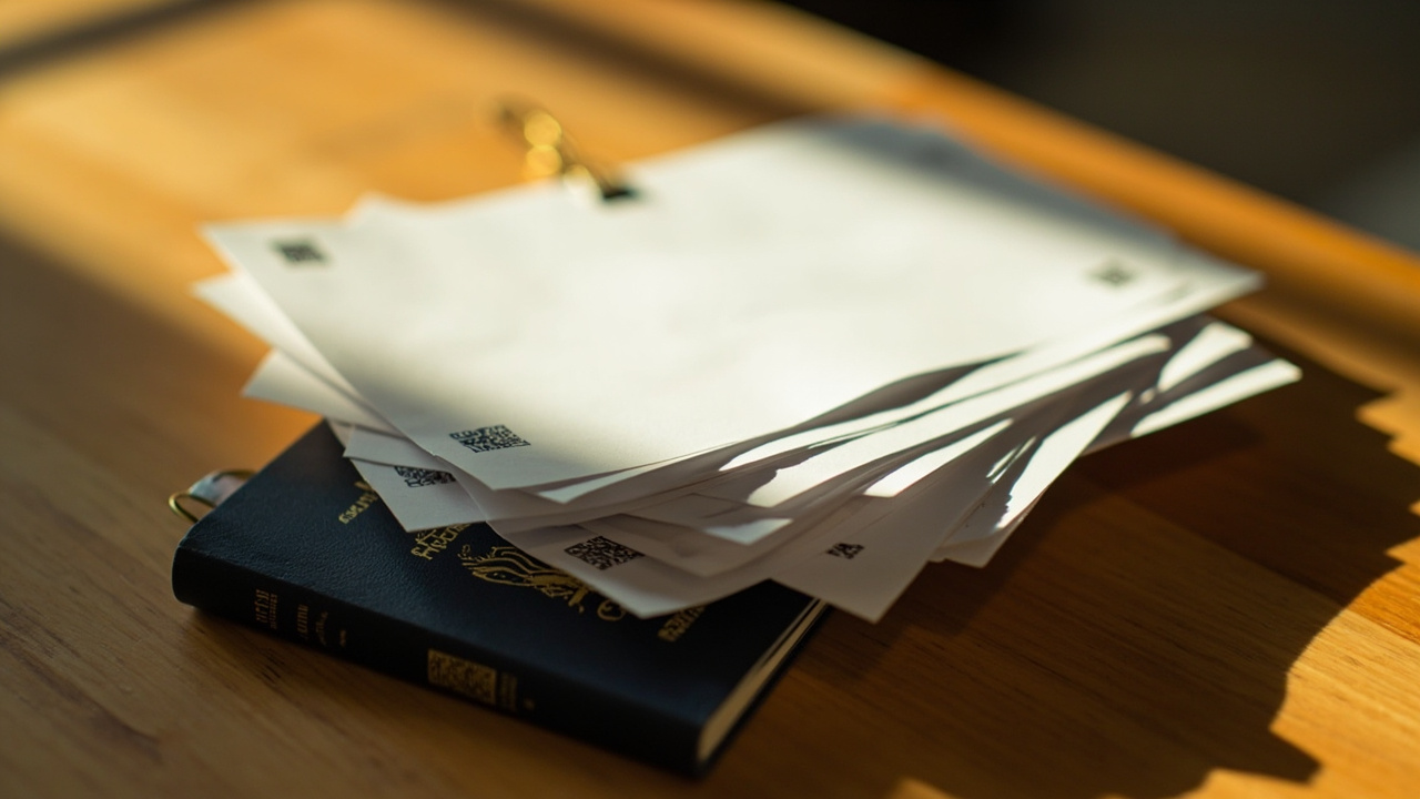 Stack of four printed A4 visa approval sheets paper-clipped to four passports on a warm timber surface