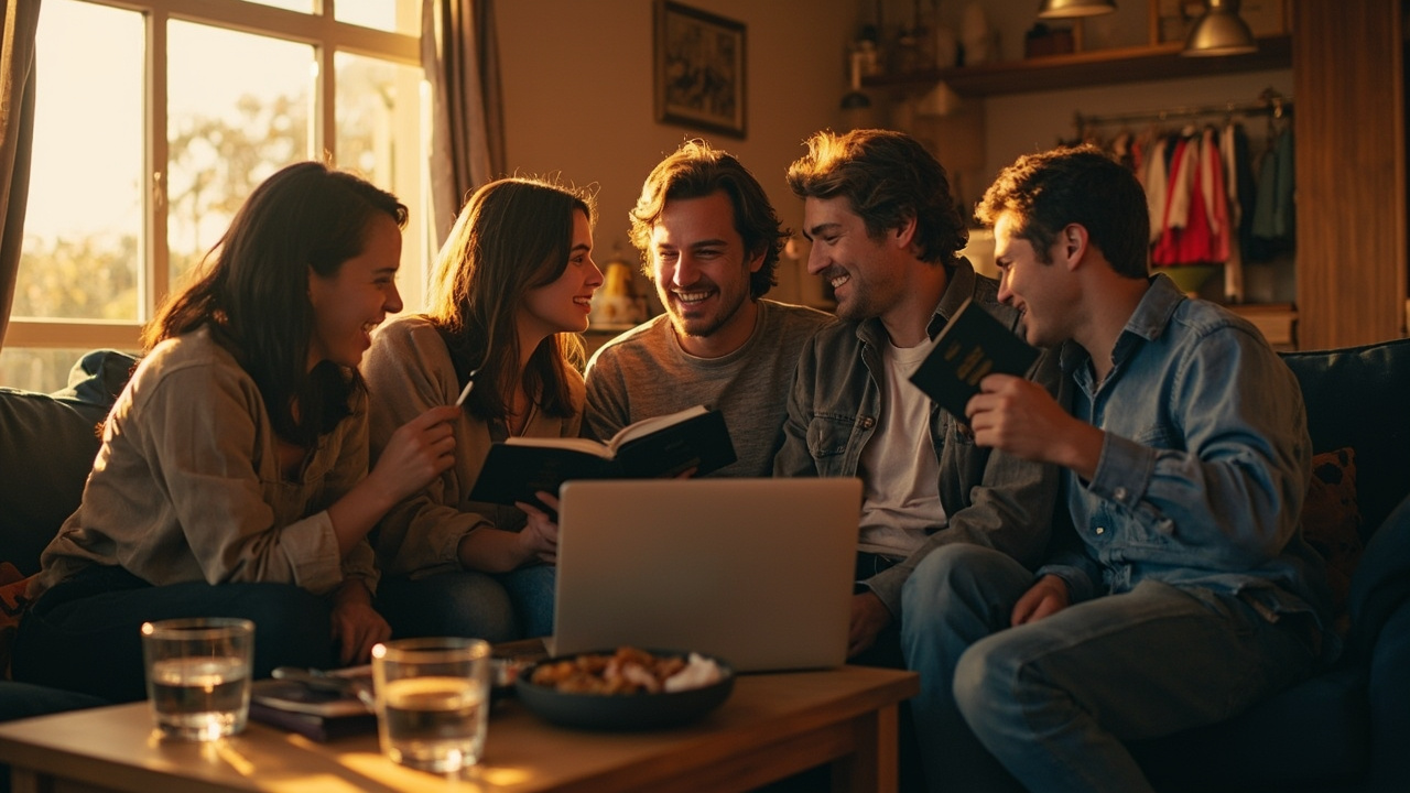 Group of six Australian friends gathered around a single laptop on a couch, one person typing for the group