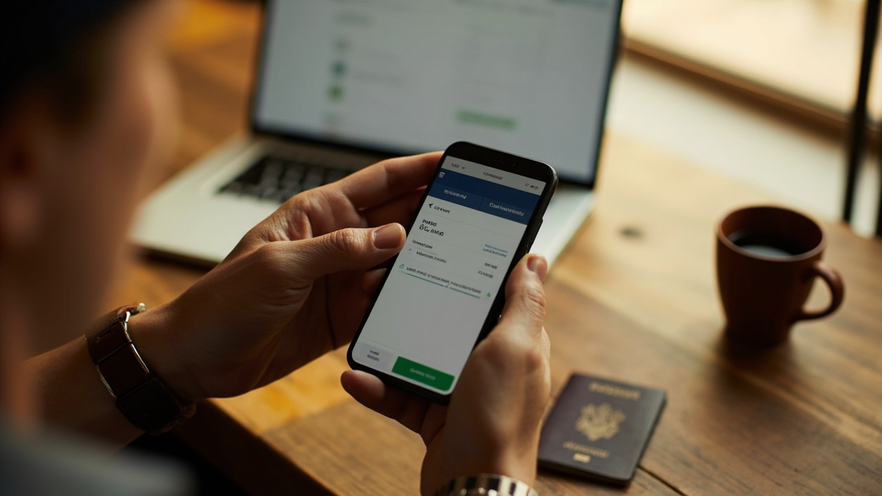 Close-up of an Australian traveller's hands tapping a smartphone over a soft-focus laptop screen at home
