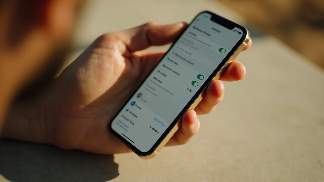 Close-up of an iPhone-style smartphone showing a soft settings panel UI in warm natural light