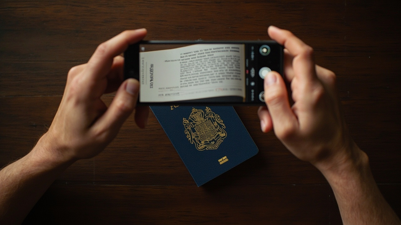 Overhead view of an Australian passport open to the bio page being scanned by a smartphone camera in good daylight