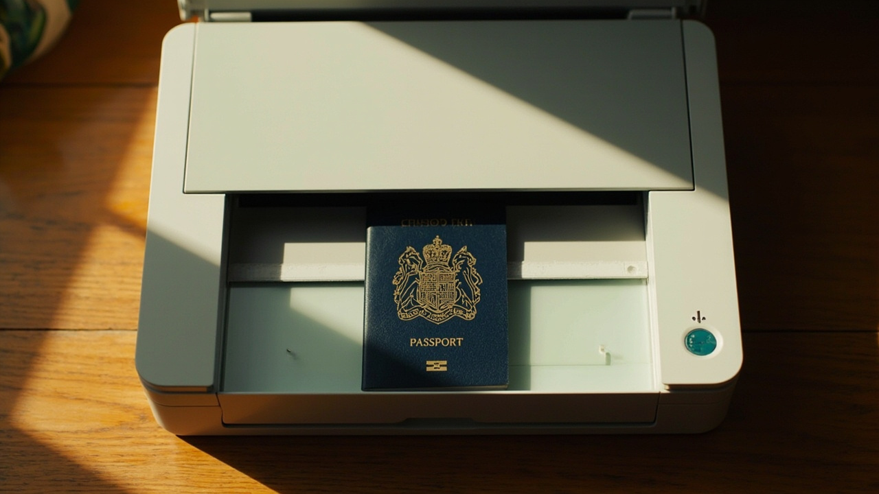 Overhead view of an Australian passport on a flatbed scanner with warm light