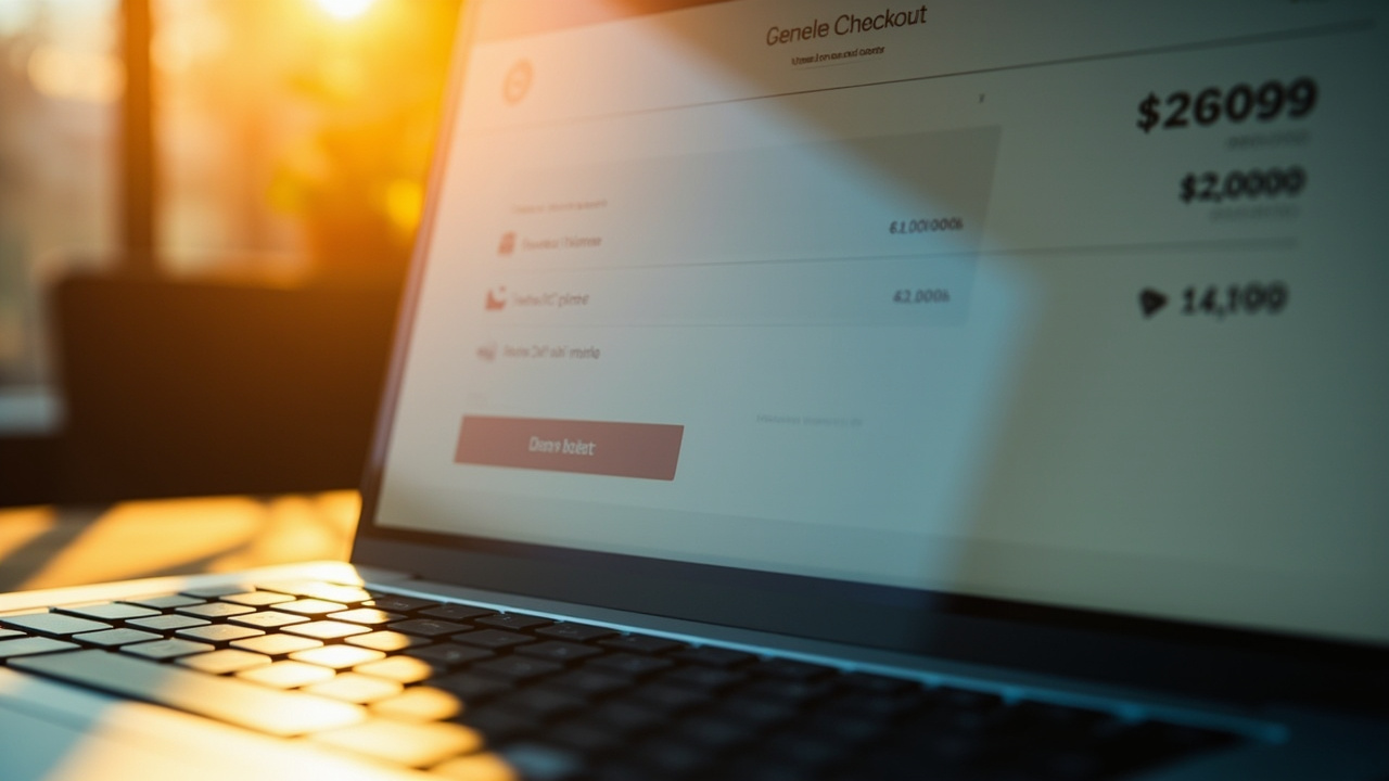 Close-up of a laptop screen showing a generic checkout interface in warm afternoon light