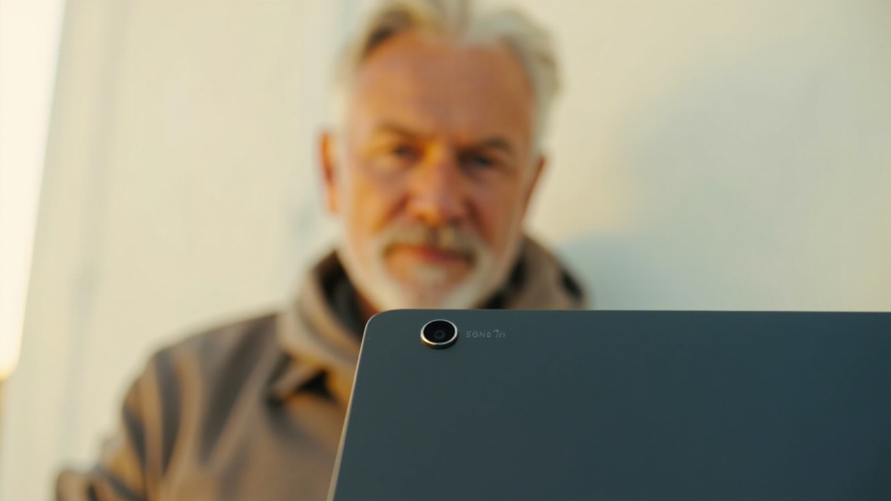 Close-up of a laptop webcam with an Australian traveller against a plain white wall behind it