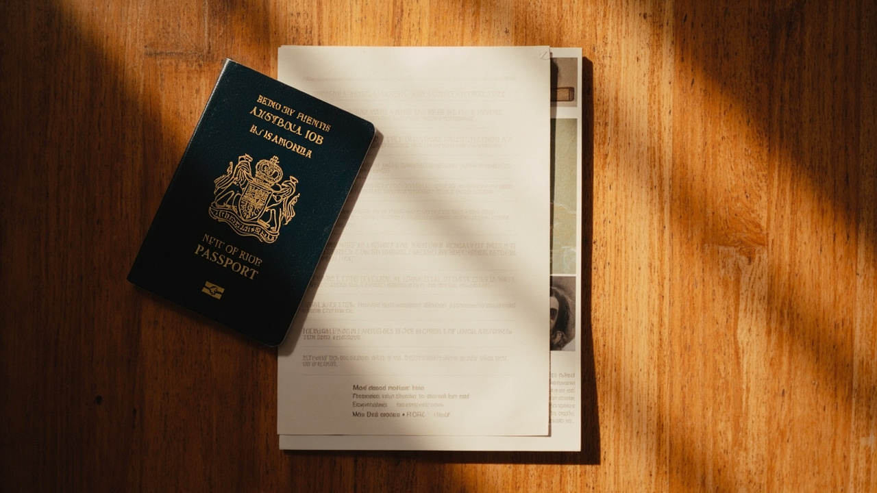 Overhead flat-lay of an Australian passport with a folded A4 printed sheet tucked partway in on a warm wooden desk