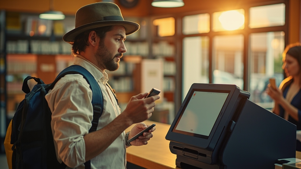 Australian traveller standing at a generic print-shop counter in warm afternoon light with no recognisable branding
