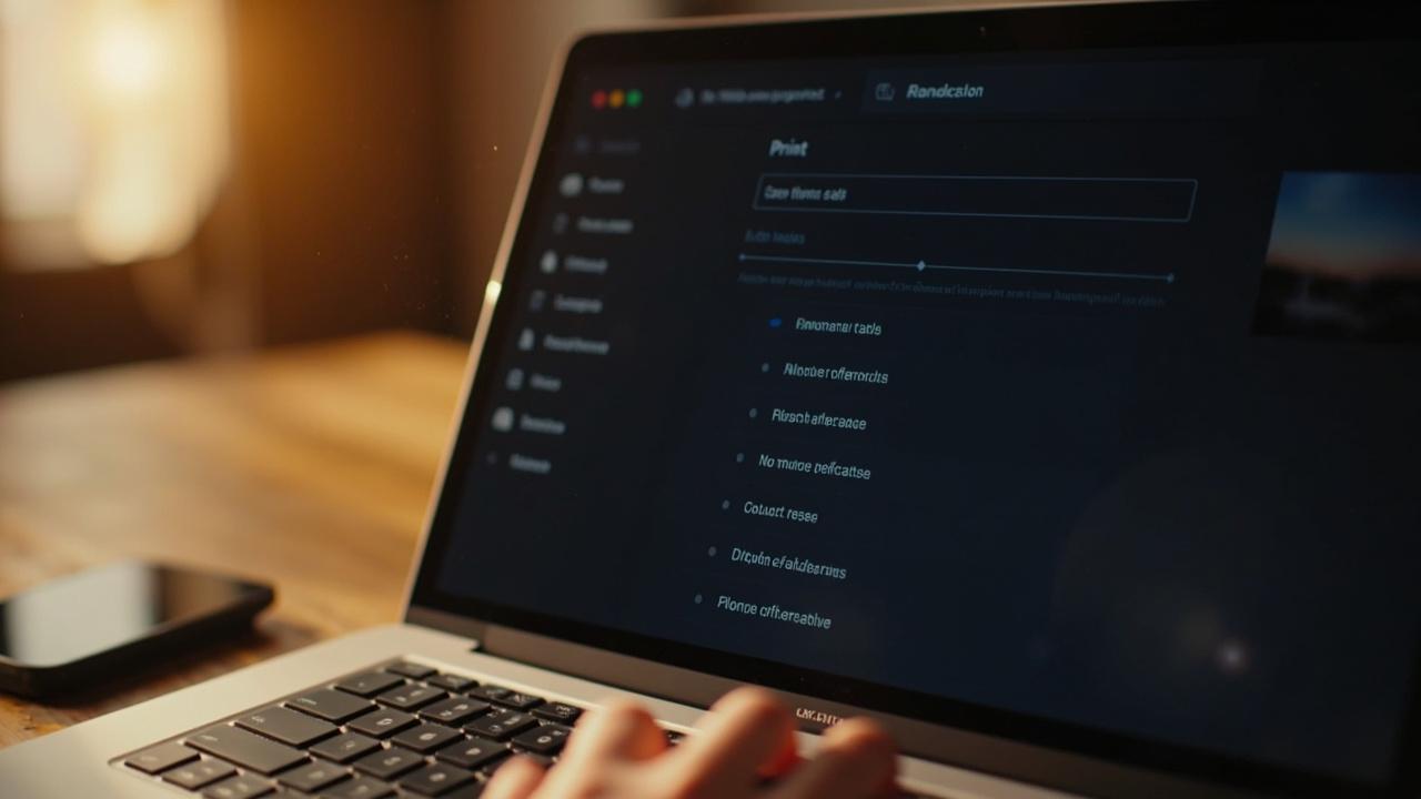 Close-up of a laptop screen showing a generic print dialog with soft placeholder text in warm afternoon light
