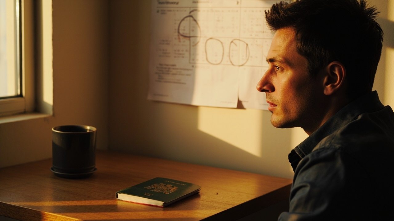Australian traveller at a sunlit desk looking at a wall calendar with a circled flight date, closed Australian passport beside the calendar in warm afternoon light